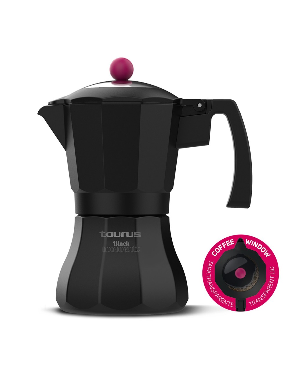 Taurus Cafetera Italiana BLACK MOMENTS WINDOW 6 Aluminio Negra 6 Tazas