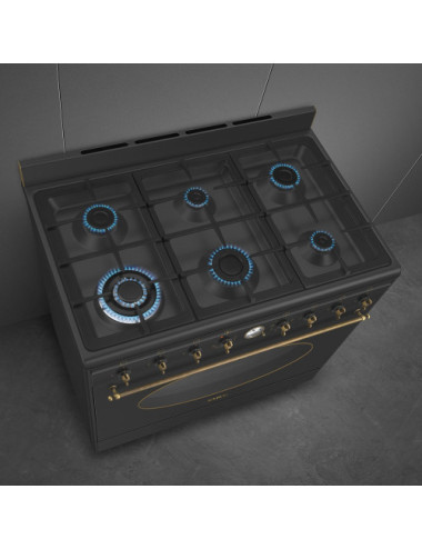 Smeg Cocina CO96GMA9 Gas 6 Fuegos Horno Eléctrico Multifunción 90cm Antracita Estética Coloniale