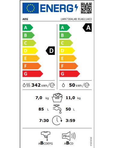 AEG Lavadora Secadora LWR7304L4B Serie 7000 ProSteam® 11kg Libre Instalación