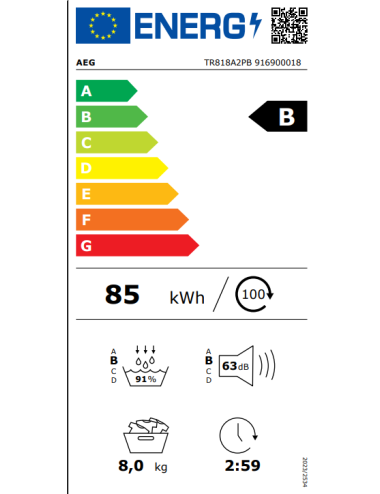 AEG Secadora Bomba de Calor Serie 8000 AbsoluteCare TR818A2PB 8 kg Blanca Clase B