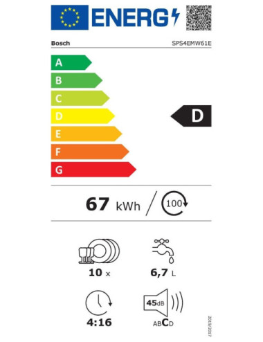 Bosch Lavavajillas SPS4EMW61E 45 cm 10 Servicios Blanco Home Connect Clase D