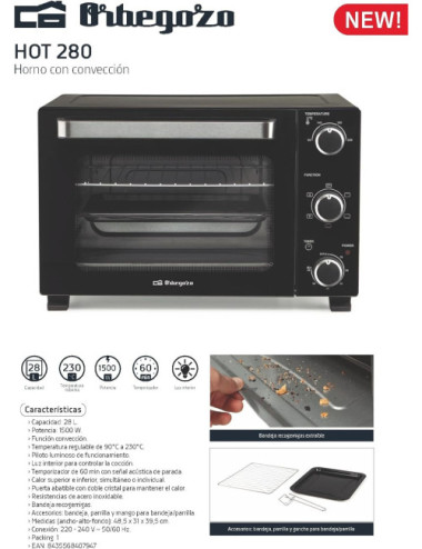 ORBEGOZO HORNO ELECTRICO HOT-280 28L. 1500w NEGRO CONVECCION