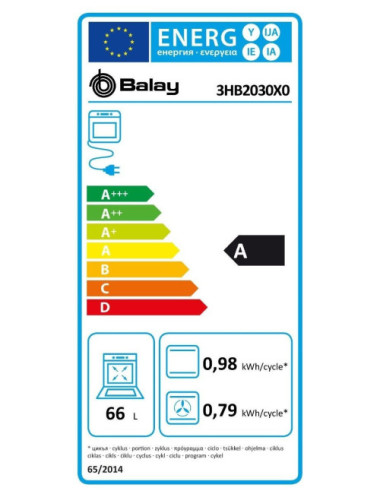 Balay 3HB2030X0 Horno 60cm Multifunción Inox 66L A Integrable Control Comfort Clase A