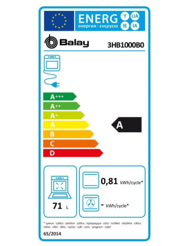 Balay 3HB1000B0 Horno Integrable 71 L Blanco 5 Funciones Puerta Abatible Clase A